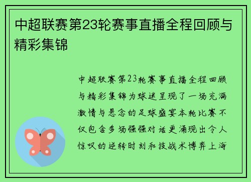 中超联赛第23轮赛事直播全程回顾与精彩集锦