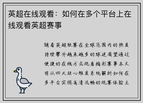 英超在线观看：如何在多个平台上在线观看英超赛事