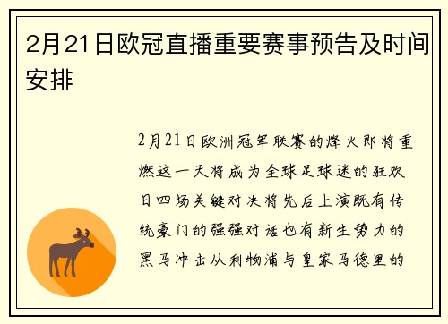 2月21日欧冠直播重要赛事预告及时间安排